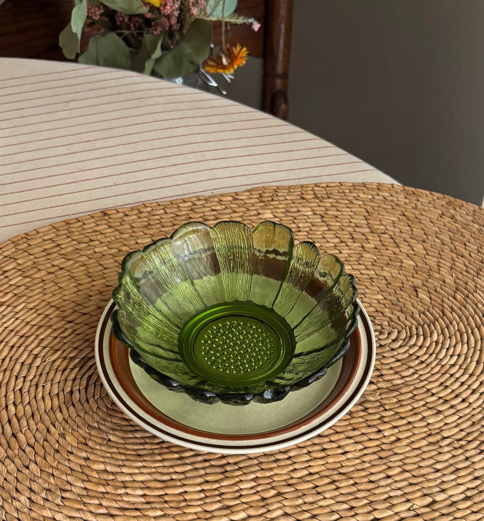 Vintage Anchor Hocking Avocado Green Sunflower Bowl