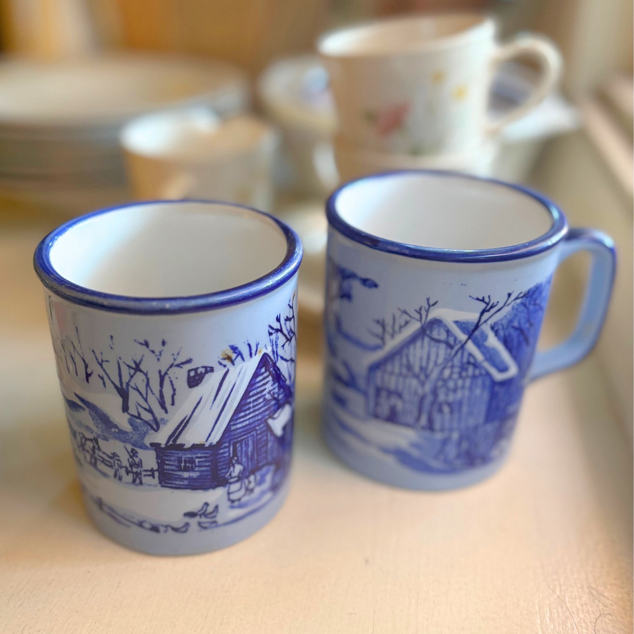 Vintage Otagiri Blue Winter Scene Mugs Japan - Set of 2