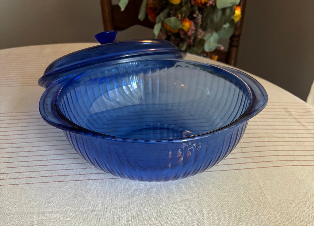 Vintage Pyrex Cobalt Blue Ribbed Glass Covered Casserole Dish