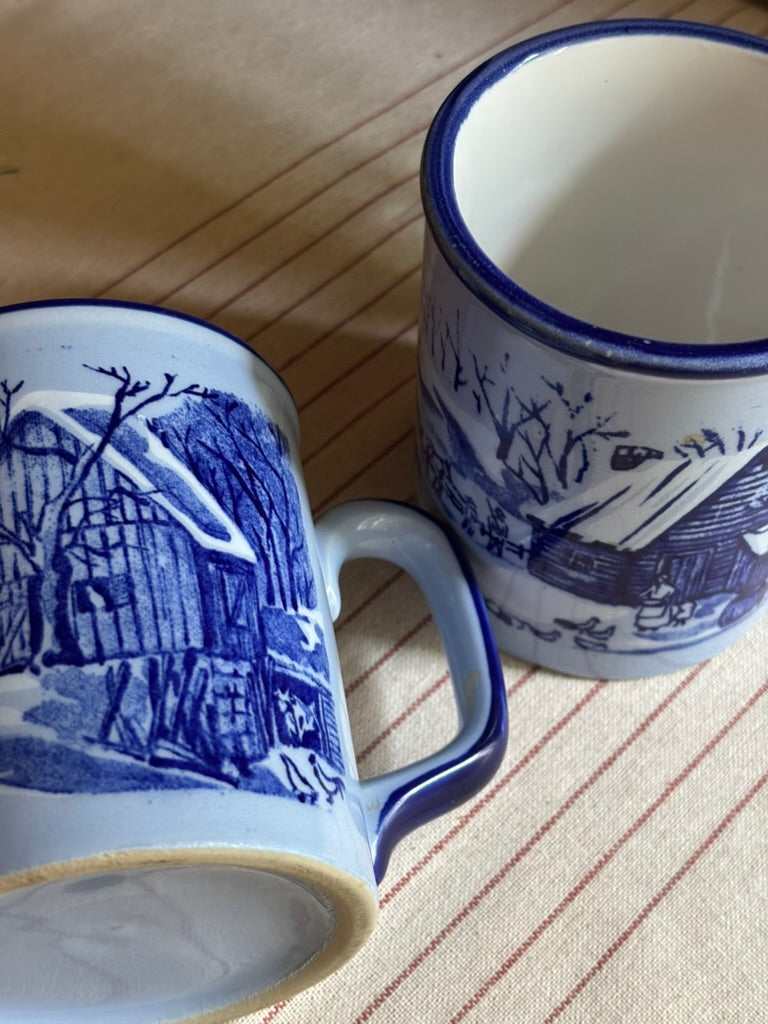 Vintage Otagiri Blue Winter Scene Mugs Japan - Set of 2