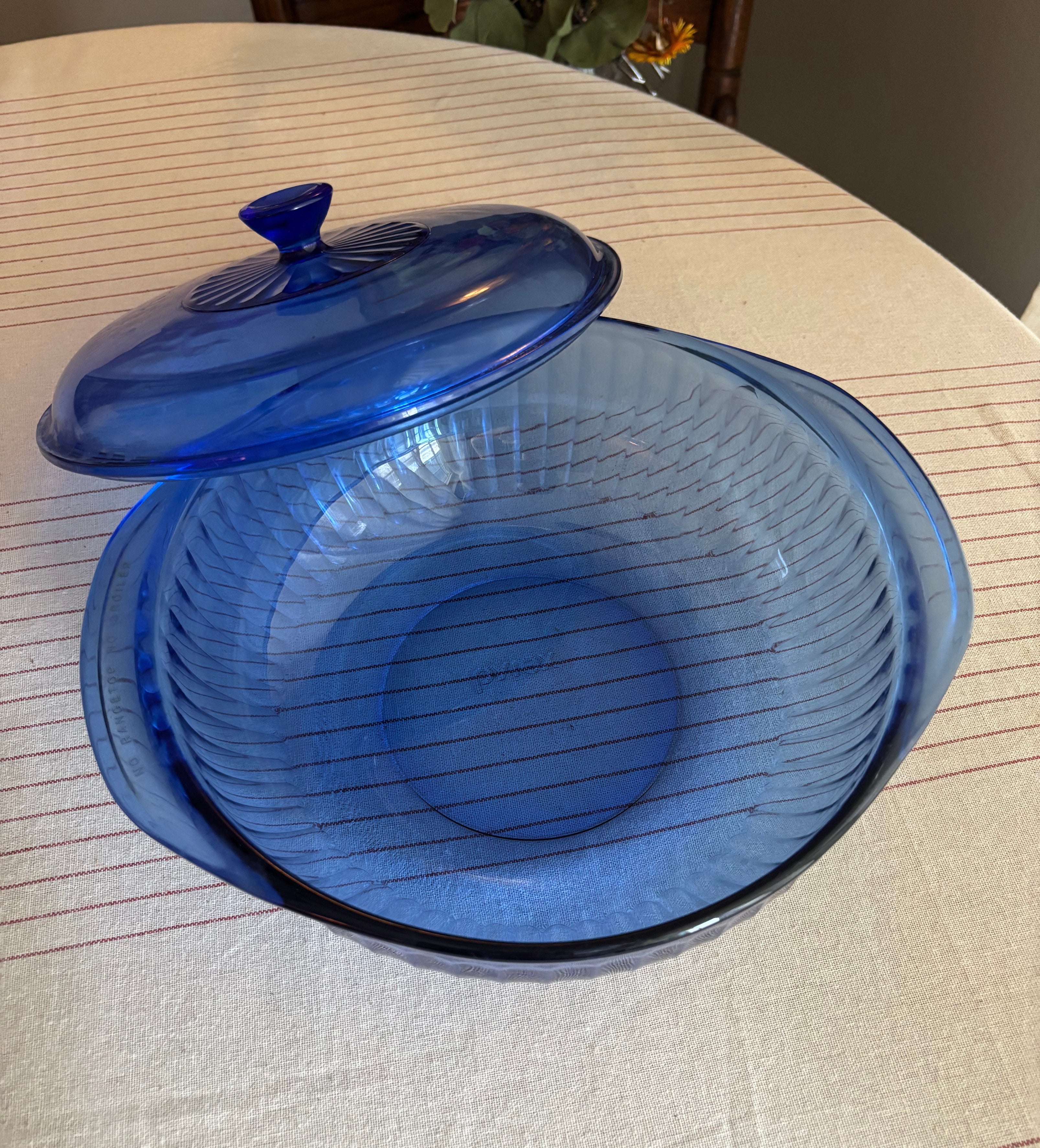 Vintage Pyrex Cobalt Blue Ribbed Glass Covered Casserole Dish