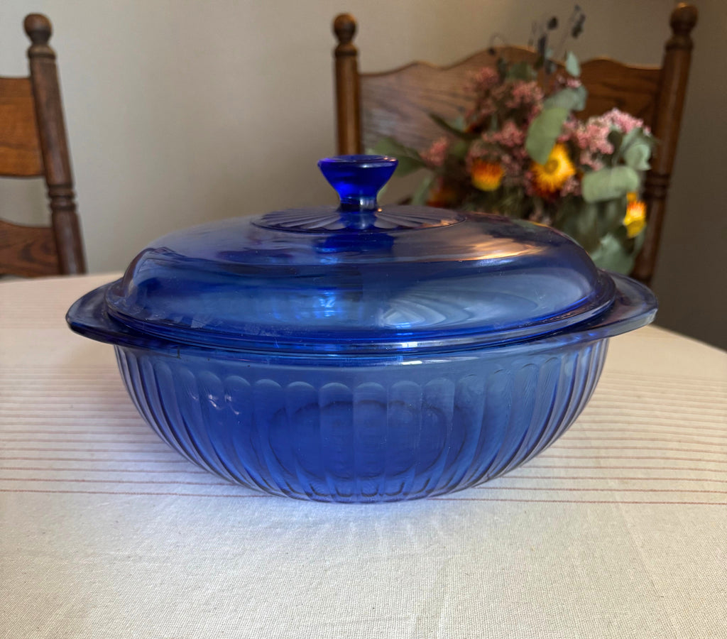 Vintage Pyrex Cobalt Blue Ribbed Glass Covered Casserole Dish