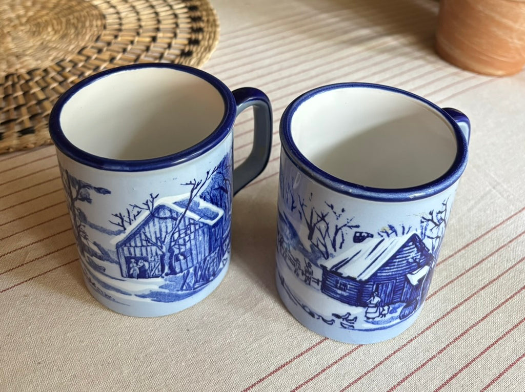 Vintage Otagiri Blue Winter Scene Mugs Japan - Set of 2