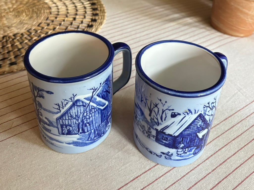 Vintage Otagiri Blue Winter Scene Mugs Japan - Set of 2
