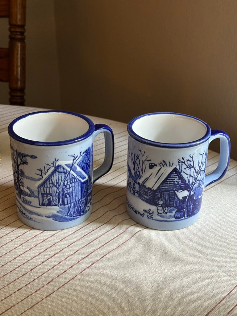 Vintage Otagiri Blue Winter Scene Mugs Japan - Set of 2