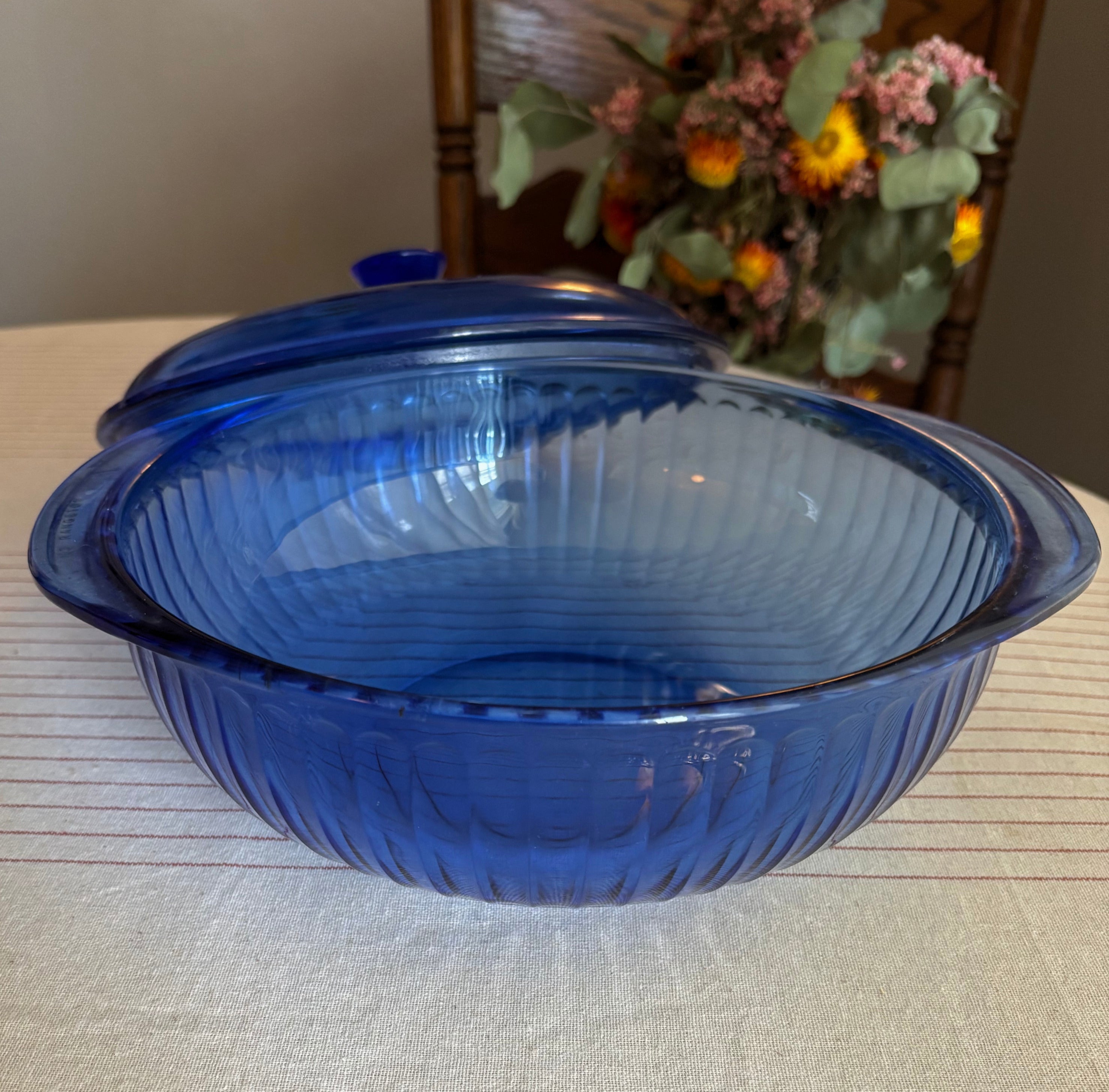 Vintage Pyrex Cobalt Blue Ribbed Glass Covered Casserole Dish
