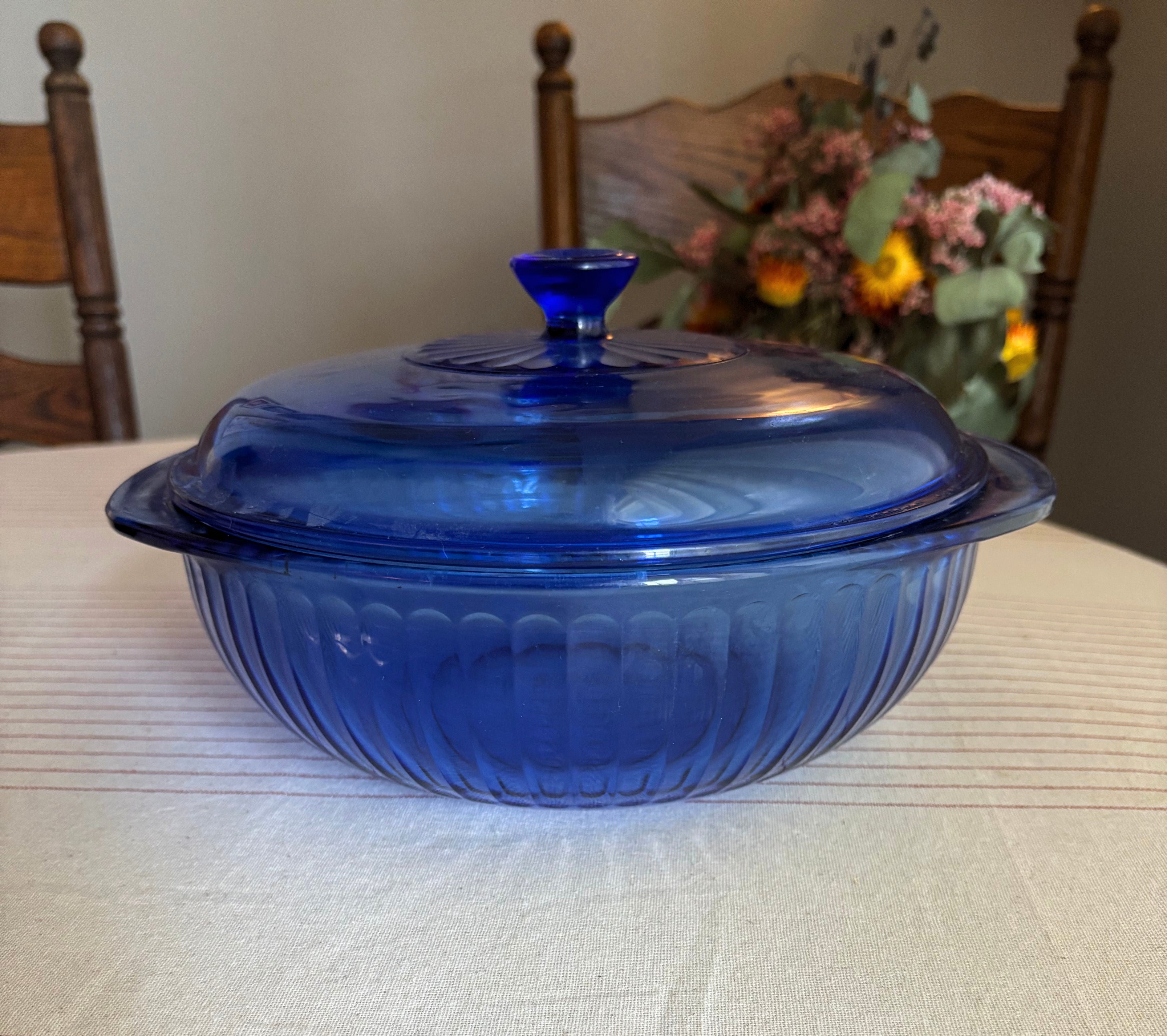 Vintage Pyrex Cobalt Blue Ribbed Glass Covered Casserole Dish