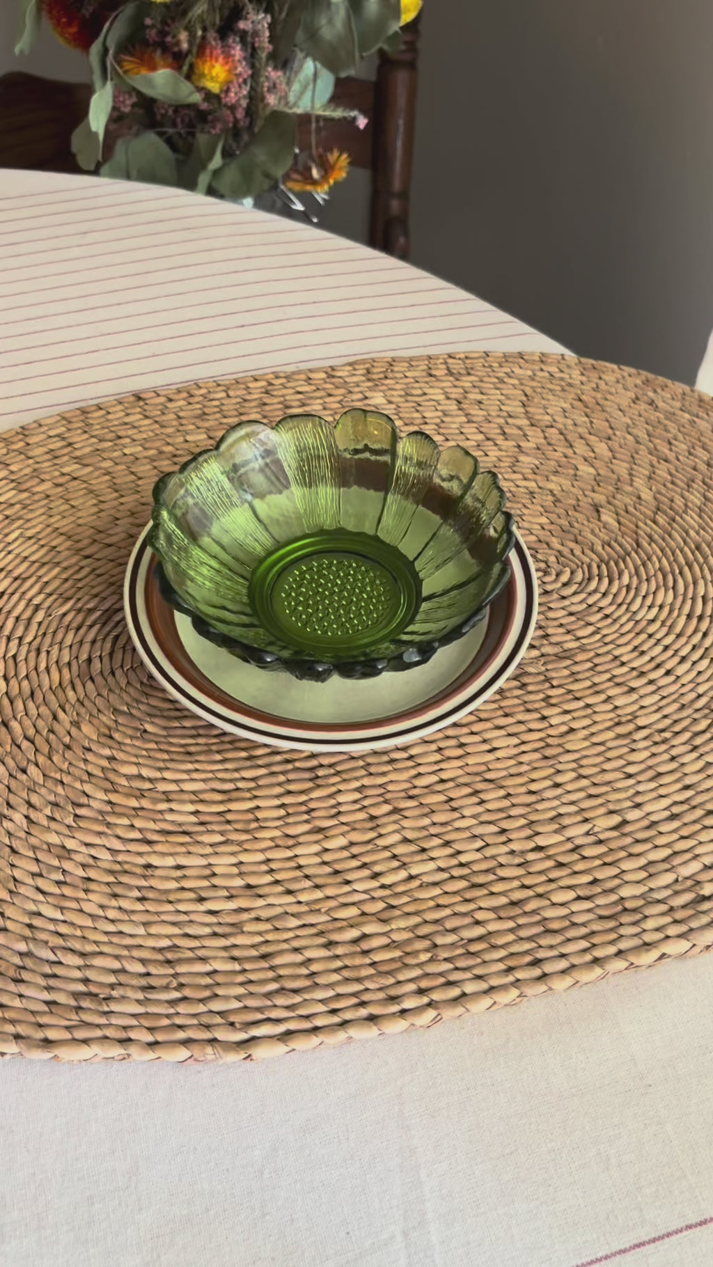 Vintage Anchor Hocking Avocado Green Sunflower Bowl